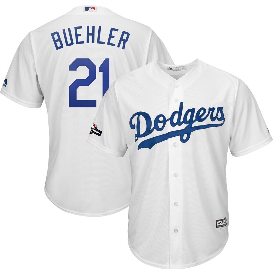 Los Angeles Dodgers 21 Walker Buehler Majestic 2019 Postseason Home Official Cool Base Player White Jersey