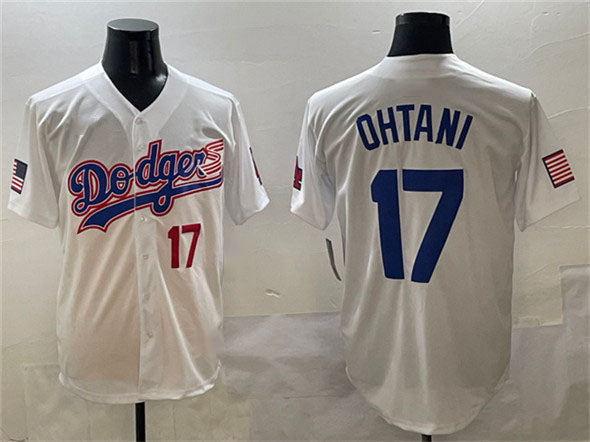 Los Angeles Dodgers #17 Shohei Ohtani White With American Flag Patch Limited Sti