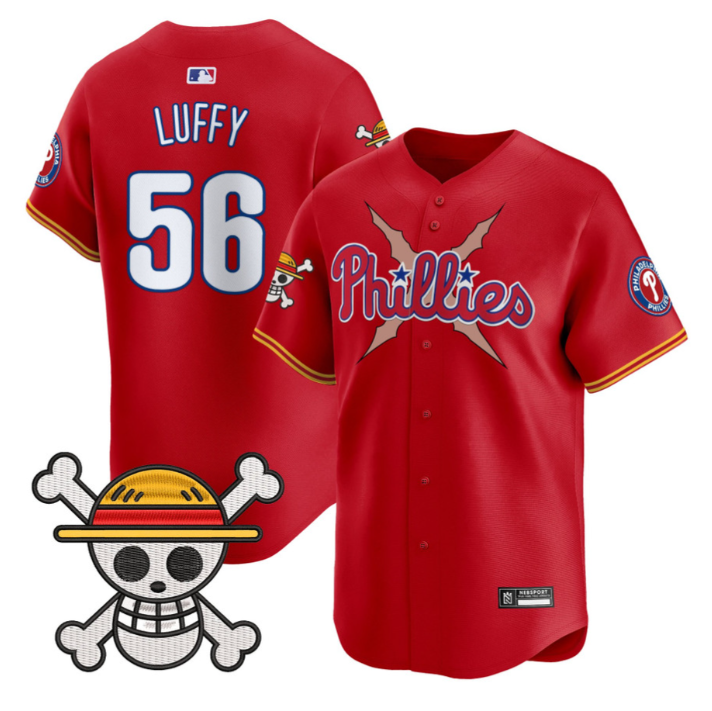 Luffy Jersey #56 Philadelphia Phillies One Piece 2025 Limited Stitched Red