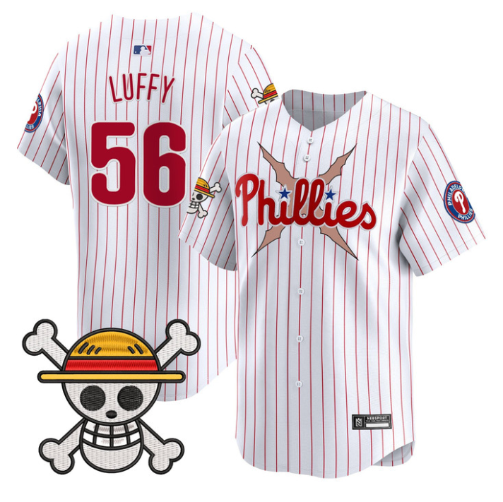 Luffy Jersey #56 Philadelphia Phillies One Piece 2025 Limited Stitched Stripes