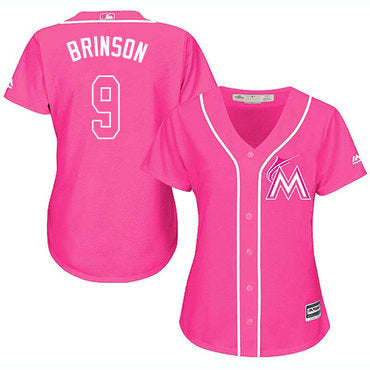 Marlins 9 Lewis Brinson Pink Fashion Womens Stitched Baseball Jersey
