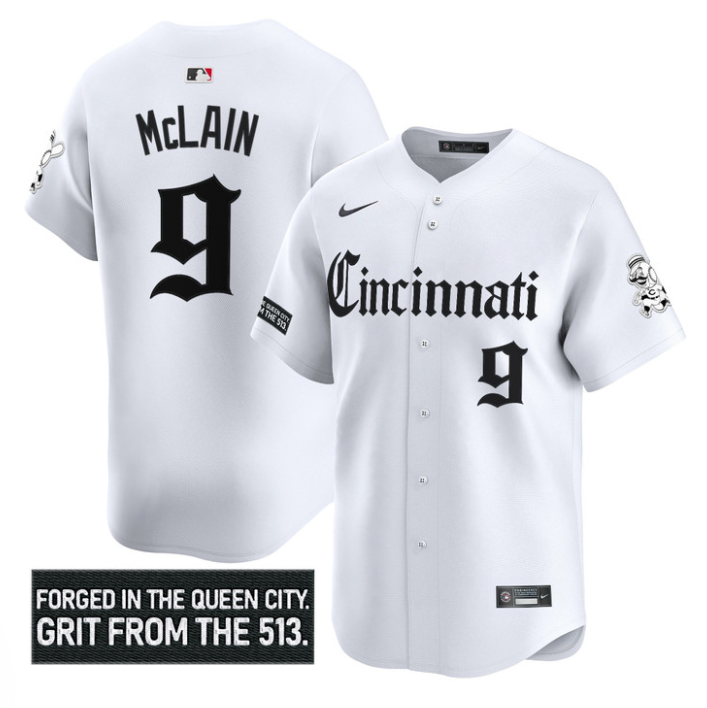 Matt McLain Jersey #9 Cincinnati Reds Gothic Queen City Edition Stitched White