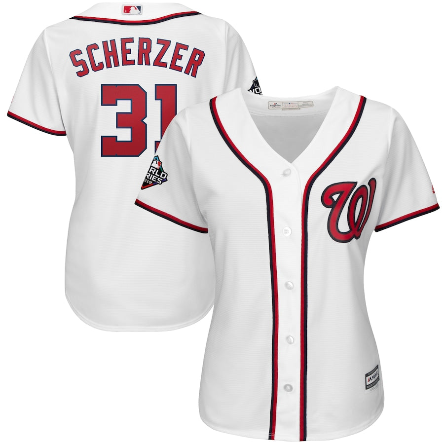 Max Scherzer Washington Nationals Majestic Womens 2019 World Series Bound Official Cool Base Player Jersey White