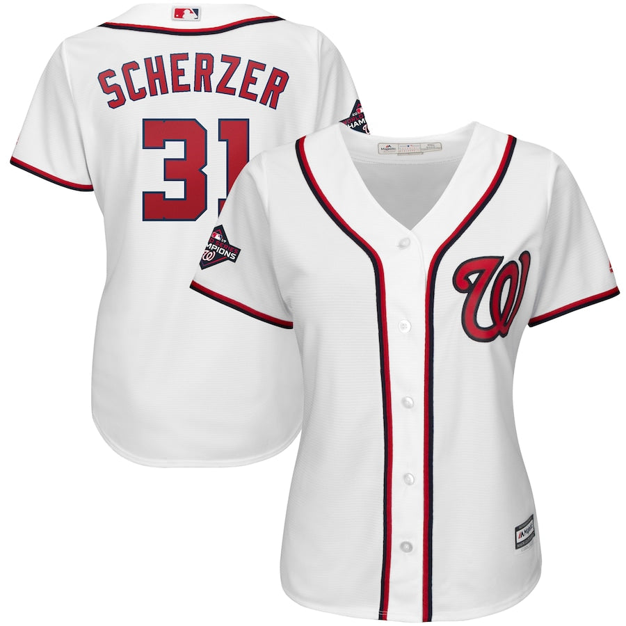 Max Scherzer Washington Nationals Majestic Womens 2019 World Series Champions Home Cool Base Patch Player Jersey White