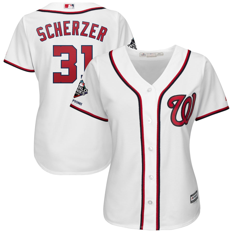 Max Scherzer Washington Nationals Majestic Womens 2019 World Series Champions Home Official Cool Base Bar Patch Player Jersey White
