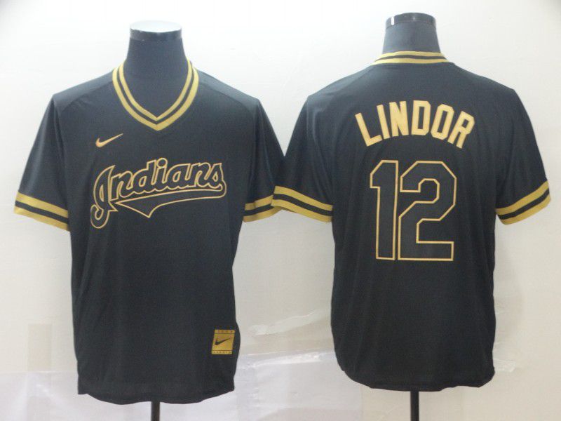 Men Cleveland Indians 12 Lindor Black Gold Game Nike 2022 Mlb Jersey