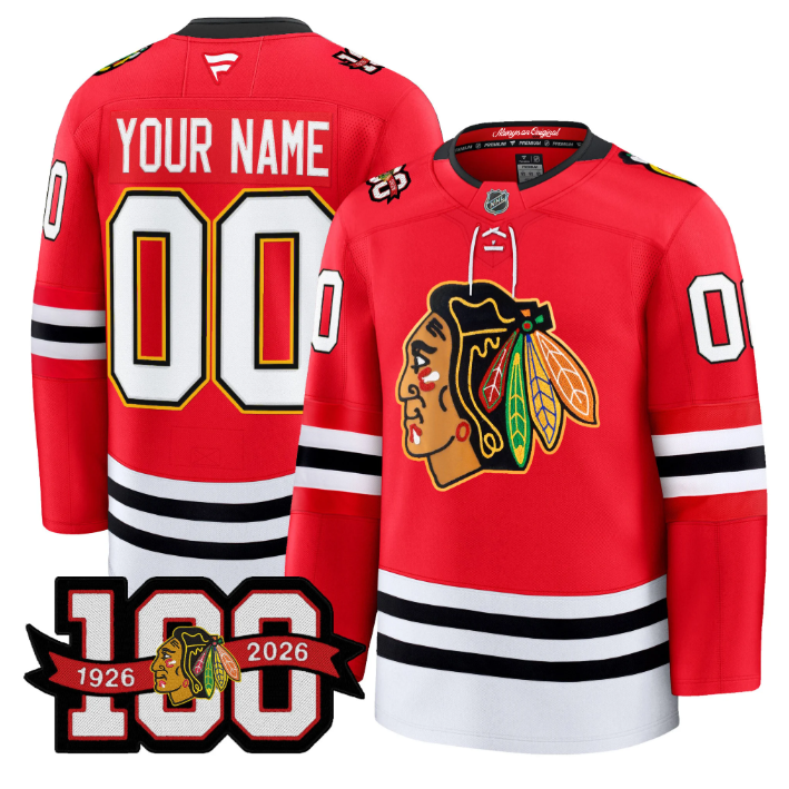 Men Custom Chicago Blackhawks Jersey 100th Anniversary Premium Stitched Red