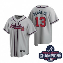Men Nike Atlanta Braves 13 Ronald Acuna Jr Gray Road Stitched Baseball Stitched Mlb 2021 Champions Patch Jersey