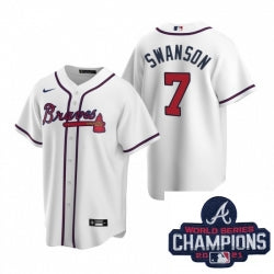 Men Nike Atlanta Braves 7 Dansby Swanson White Home Stitched Baseball Stitched Mlb 2021 Champions Patch Jersey