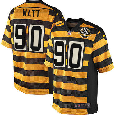 Mens 2017 Nfl Draft Pittsburgh Steelers 90 T J Watt Yellow With Black Bumblebee 80th Patch Stitched Nfl Nike Elite Jersey