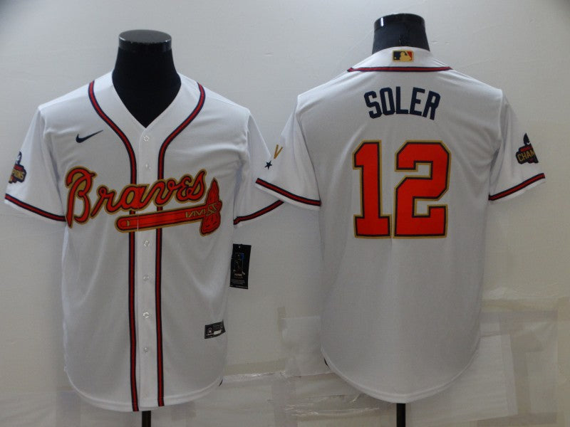 Mens Atlanta Braves 12 Jorge Soler 2022 White Gold World Series Champions Program Cool Base Stitched Baseball Jersey