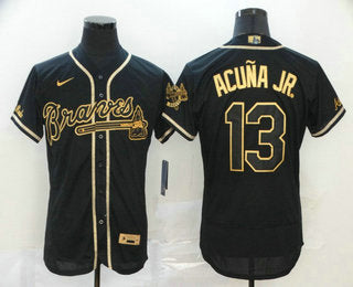 Mens Atlanta Braves 13 Ronald Acuna Jr Black With Gold Stitched Mlb Flex Base Nike Jersey