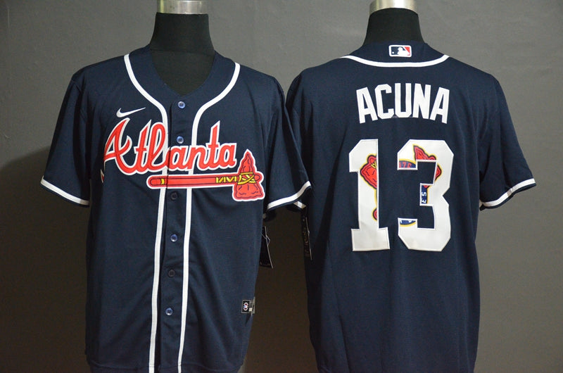 Mens Atlanta Braves 13 Ronald Acuna Jr Navy Blue Team Logo Stitched Mlb Cool Base Nike Jersey