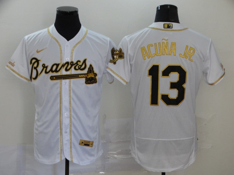 Mens Atlanta Braves 13 Ronald Acuna Jr White With Gold Stitched Mlb Flex Base Nike Jersey