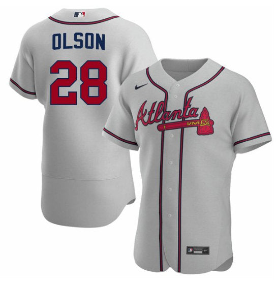Mens Atlanta Braves 28 Matt Olson Gray Flex Base Stitched Baseball Jersey