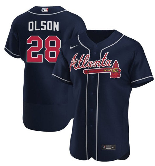 Mens Atlanta Braves 28 Matt Olson Navy Flex Base Stitched Baseball Jersey