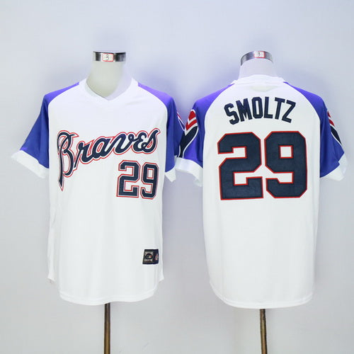 Mens Atlanta Braves 29 John Smoltz Retired White 1973 Majestic Cooperstown Collection Throwback Jersey