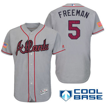 Mens Atlanta Braves 5 Freddie Freeman Gray Stars Stripes Fashion Independence Day Stitched Mlb Majestic Cool Base Jersey