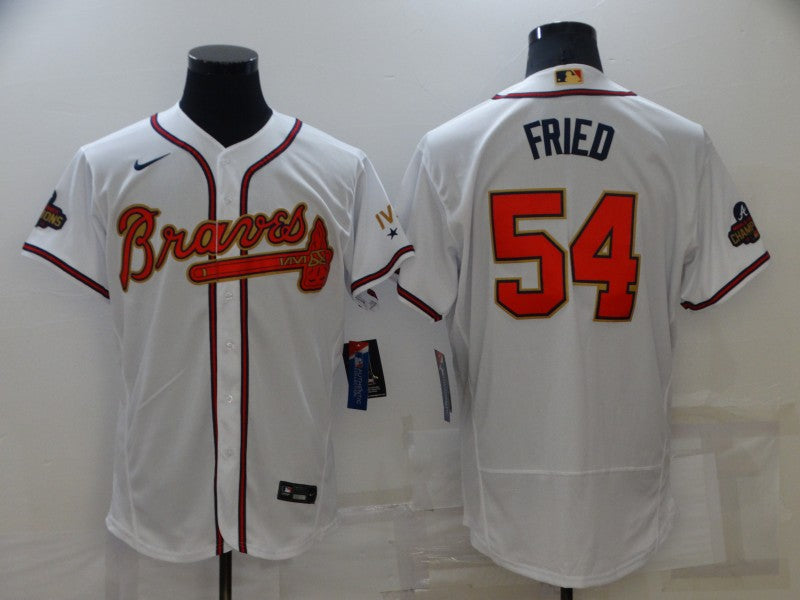 Mens Atlanta Braves 54 Max Fried 2022 White Gold World Series Champions Program Flex Base Stitched Baseball Jersey