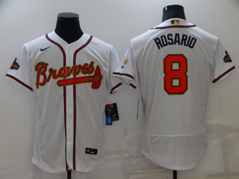 Mens Atlanta Braves 8 Eddie Rosario 2022 White Gold World Series Champions Program Flex Base Stitched Baseball Jersey