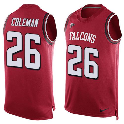 Mens Atlanta Falcons 26 Tevin Coleman Red Hot Pressing Player Name Number Nike Nfl Tank Top Jersey