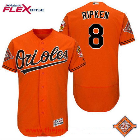 Mens Baltimore Orioles 8 Cal Ripken Retired Orange 25th Patch Stitched Mlb Majestic Flex Base Jersey
