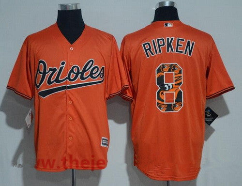 Mens Baltimore Orioles 8 Cal Ripken Retired Orange Team Logo Ornamented Stitched Mlb Majestic Cool Base Jersey