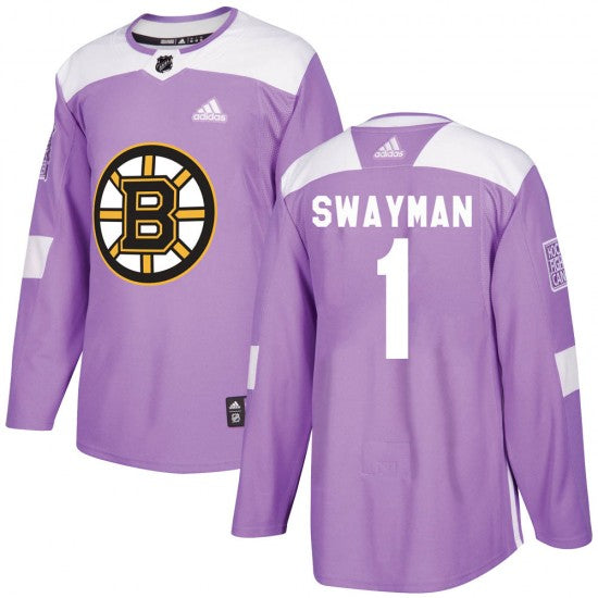 Mens Boston Bruins 1 Jeremy Swayman Adidas Authentic Fights Cancer Practice Jersey Purple