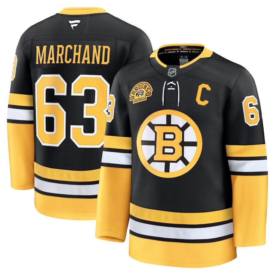 Men's Boston Bruins #63 Brad Marchand Alternate 100th Anniversary Premium Jersey