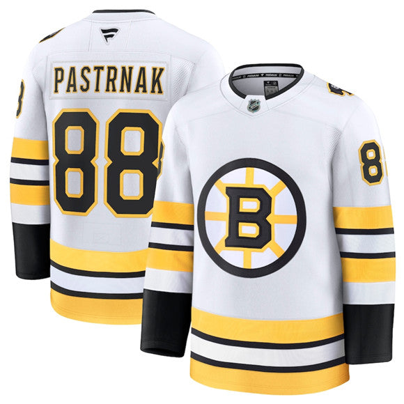 Men's Boston Bruins #88 David Pastrnak Jersey White 2025 Away Stitched