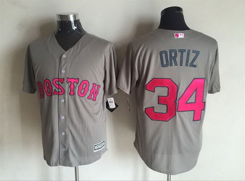 Mens Boston Red Sox 34 David Ortiz Gray With Pink 2016 Mothers Day Baseball Cool Base Jersey
