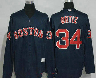 Mens Boston Red Sox 34 David Ortiz Navy Blue Long Sleeve Stitched Mlb Majestic Cool Base Jersey