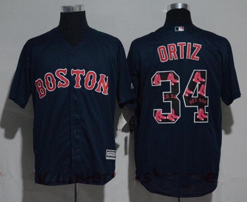 Mens Boston Red Sox 34 David Ortiz Navy Blue Team Logo Ornamented Stitched Mlb Majestic Cool Base Jersey