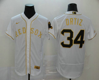 Mens Boston Red Sox 34 David Ortiz White With Gold Stitched Mlb Flex Base Nike Jersey