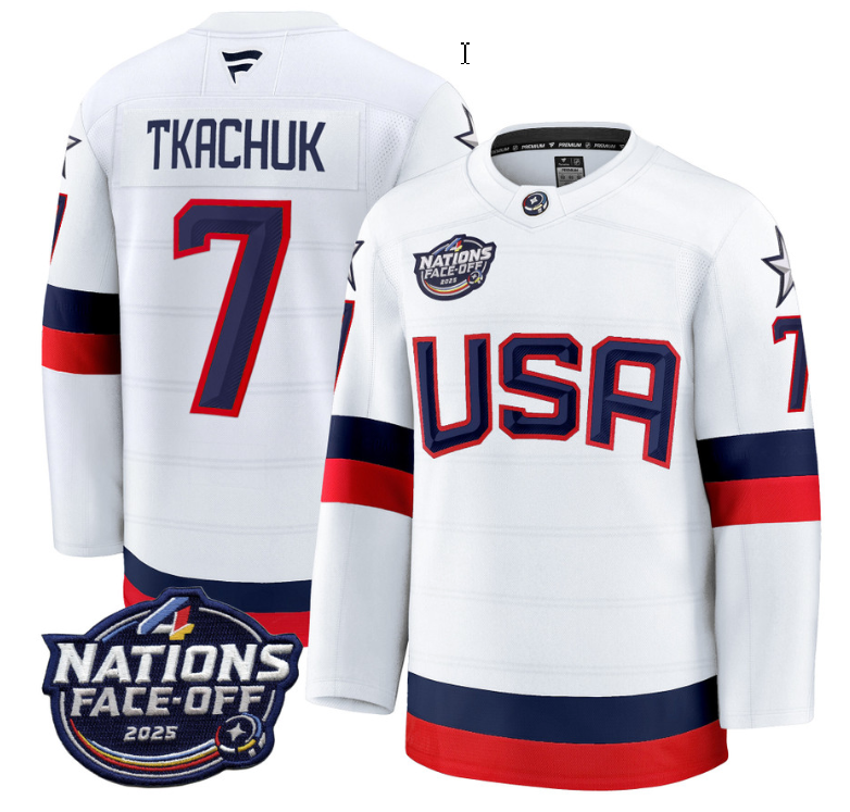 Men's Brady Tkachuk Jersey #7 USA White 2025 4 Nations Face-Off Stitched