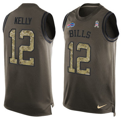 Mens Buffalo Bills 12 Jim Kelly Green Salute To Service Hot Pressing Player Name Number Nike Nfl Tank Top Jersey