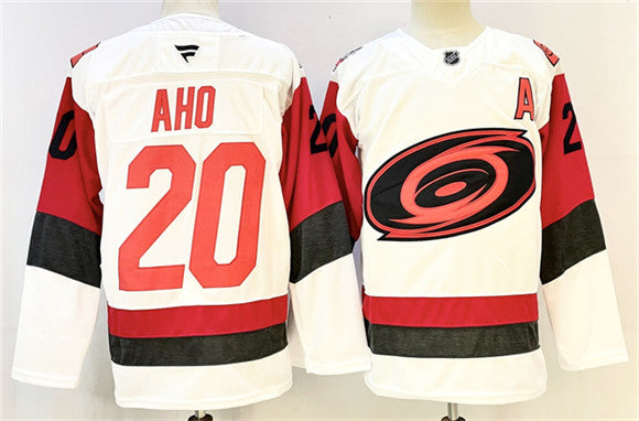 Men's Carolina Hurricanes #20 Sebastian Aho Jersey White 2024-25 With A Patch Ho