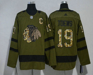 Mens Chicago Blackhawks 19 Jonathan Toews Green Salute To Service 2017 2018 Hockey Stitched Nhl Jersey