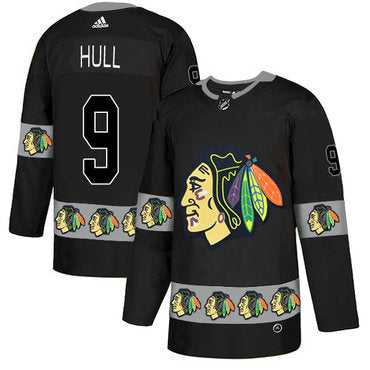 Mens Chicago Blackhawks 9 Bobby Hull Black Team Logos Fashion Adidas Jersey