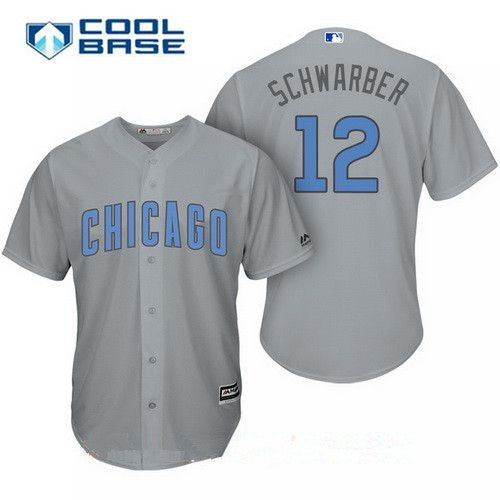 Mens Chicago Cubs 12 Kyle Schwarber Gray With Baby Blue Fathers Day Stitched Mlb Majestic Cool Base Jersey