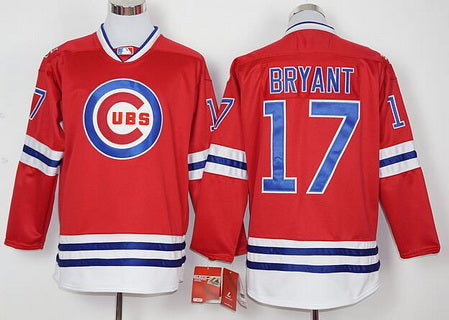 Mens Chicago Cubs 17 Kris Bryant Red Long Sleeve Baseball Jersey