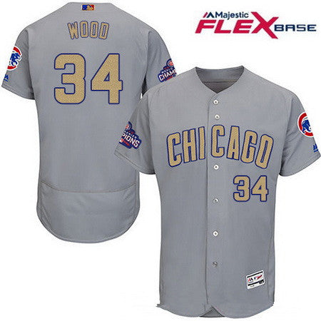 Mens Chicago Cubs 34 Kerry Wood Gray World Series Champions Gold Stitched Mlb Majestic 2017 Flex Base Jersey