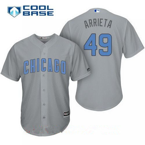 Mens Chicago Cubs 49 Jake Arrieta Gray With Baby Blue Fathers Day Stitched Mlb Majestic Cool Base Jersey
