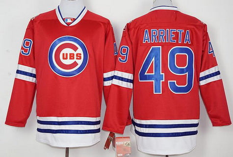 Mens Chicago Cubs 49 Jake Arrieta Red Long Sleeve Baseball Jersey