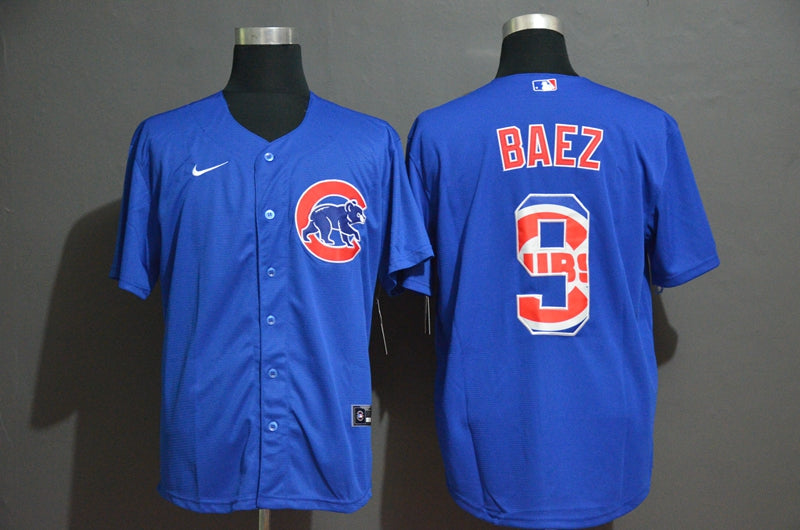Mens Chicago Cubs 9 Javier Baez Blue Team Logo Stitched Mlb Cool Base Nike Jersey