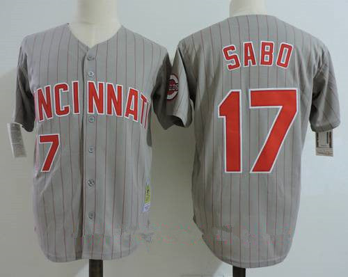 Mens Cincinnati Reds 17 Chris Sabo Gray Pinstripe 1993 Throwback Stitched Mlb Majestic Cooperstown Collection Jersey