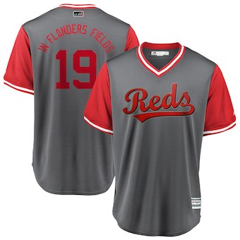 Mens Cincinnati Reds 19 Joey Votto In Flanders Fields Majestic Gray 2018 Players Weekend Cool Base Jersey
