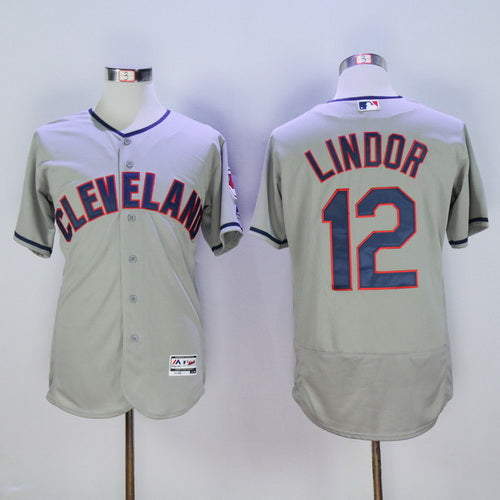 Mens Cleveland Indians 12 Francisco Lindor Gray Road 2016 Flexbase Majestic Baseball Jersey