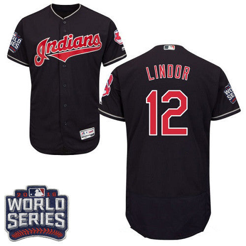 Mens Cleveland Indians 12 Francisco Lindor Navy Blue 2016 World Series Patch Stitched Mlb Majestic Flex Base Jersey