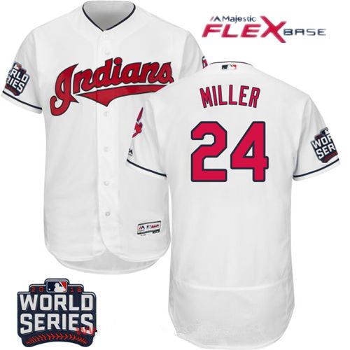 Mens Cleveland Indians 24 Andrew Miller White Home 2016 World Series Patch Stitched Mlb Majestic Flex Base Jersey